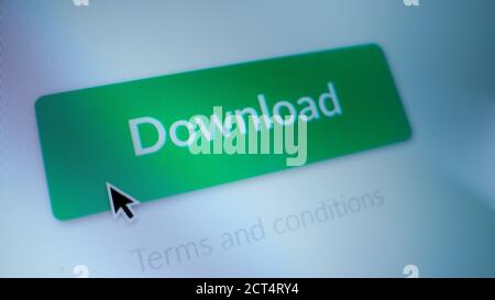 Close-up Macro Shot: Device Screen with Website Showing Green "Download" Button, Cursor Clicks on Button. File Sharing System Software. Mock-up Stock Photo