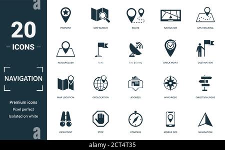 Navigation icon set. Collection of simple elements such as the pinpoint, map search, route, navigator. Navigation theme signs Stock Vector