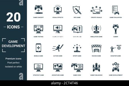 Game Development icon set. Monochrome sign collection with game concept, visual effects, rpg game, create visuals and over icons. Game Development Stock Vector