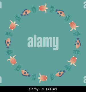 Round frame with fish and turtles swimming in the sea. Marine life background. Vector EPS10. Stock Vector