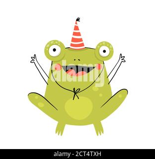 Little amusing and funny cheerful Frog character congratulation wearing party hat doodle cartoon design. Stock Vector