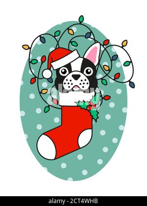 French bulldog in christmas hat in christmas sock Stock Vector