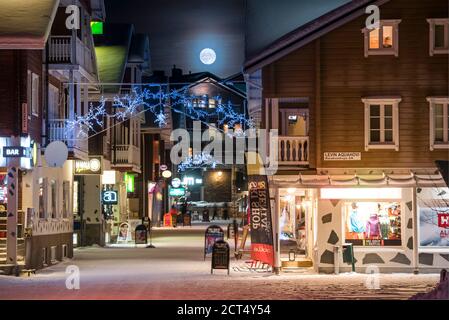 Moon over the ski resort town of Levi in the Arctic Circle in Finnish Lapland, Finland Stock Photo