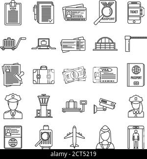 Security passport control icons set. Outline set of security passport control vector icons for web design isolated on white background Stock Vector