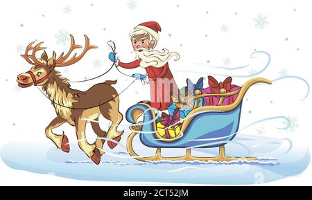 New Year greeting card with cartoon Father Frost and Snow Maiden. Christmas gift card with Santa Claus. Winter holiday Xmas postcard with Ded Moroz an Stock Vector