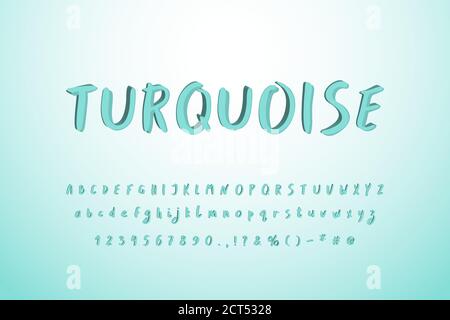 Paintbrush vector Typeface. Turquoise blue green colors. Uppercase and lowercase alphabet letters, numbers. Original 3D font for modern design. Stock Vector