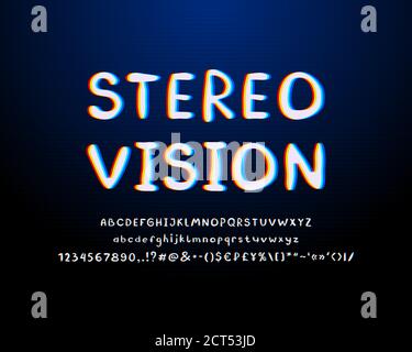 Stereo style Alphabet. Abstract retro vector font, white, red, yellow, blue colors. Uppercase and lowercase letters, numbers, marks. Stock Vector