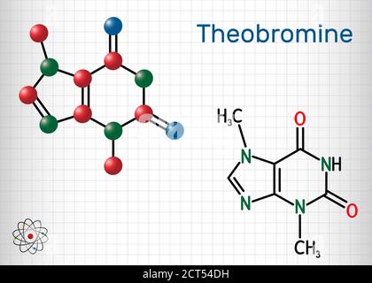 Theobromine, dimethylxanthine, purine alkaloid C7H8N4O2 molecule. It is xanthine alkaloid in the cacao bean. Structural chemical formula and molecule Stock Vector