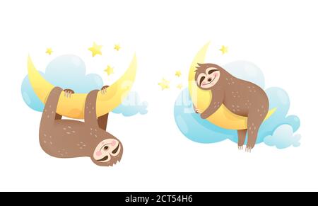 Baby animal sloth sleeping in the clouds, hugging the moon. Cute clipart for newborn children. Stock Vector