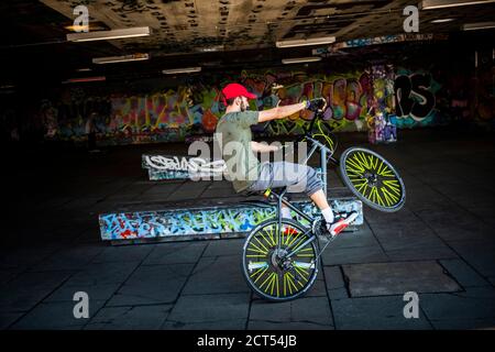 Cyclist at Southbank Centre Skate Park, London, England