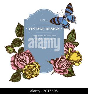 Badge design with colored alcides agathyrsus, roses Stock Vector