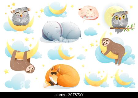 Baby Animals Cartoon Collection, Funny Cute Elephant, Sloth, Fox, Owl, Mouse characters dreaming, isolated clipart for children. Stock Vector