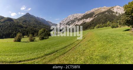 panoramic view mountain range Hochschwab with peak Aflenzer Staritzen, seen from Seewiesen, Styria,Austria Stock Photo