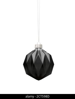 Matt grey modern Christmas ball. Geometry pattern on surface. Isolated on white background. Christmas decoration, festive atmosphere concept. Stock Photo