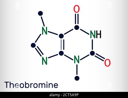 Theobromine, dimethylxanthine, purine alkaloid C7H8N4O2 molecule. It is xanthine alkaloid in the cacao bean. Skeletal chemical formula. Illustration. Stock Vector