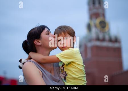 Russian Mom and son on Red Square in Moscow. Stock Photo