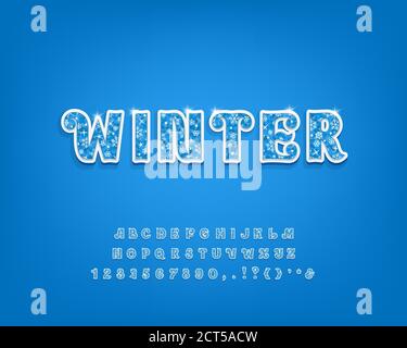 Original 3D alphabet. Blue vector font with frosty texture, snowflakes decor and shining stars. Uppercase letters, numbers and punctuation marks. Beau Stock Vector