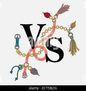 belts, shoelaces, and chains wrap around the words Stock Vector