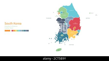 South Korea map. Colorful detailed vector map of the Asia country. Stock Vector