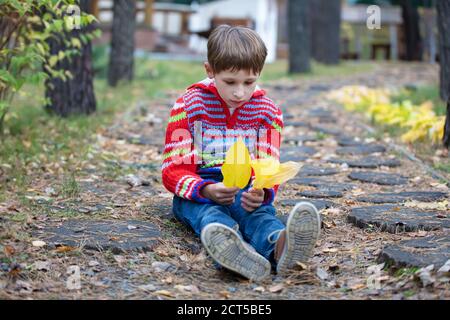 Beautiful boy sits with yellow leaves. Child on an autumn walk. Stock Photo