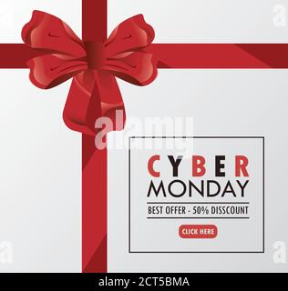 cyber monday holiday poster with red bow square frame vector illustration design Stock Vector
