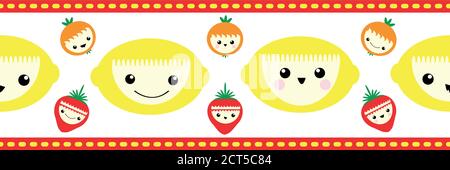 Cute kawaii tropical fruit seamless vector border. Banner of happy smiling cartoon lemons, strawberries, oranges on white backdrop with stitch stripe Stock Vector