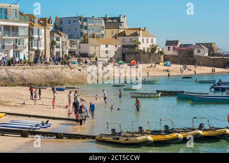 St Ives beach, view in summer of the beach in the harbour area of St Ives, Cornwall, south west England, UK Stock Photo