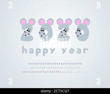 Mouse rat funny alphabet. Cartoon vector typeface set. Capital letters and numbers with cute animal faces. Greeting card: 2020 happy year. Stock Vector