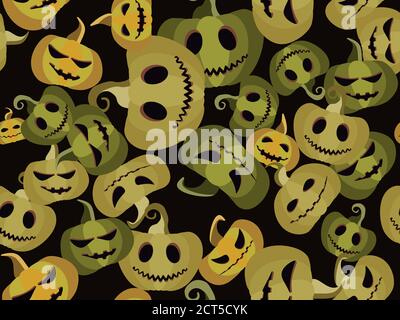 Halloween seamless pattern with scary pumpkins. Jack-o-lantern flat design. Halloween background with creepy pumpkins for wrapping paper, print, fabri Stock Vector