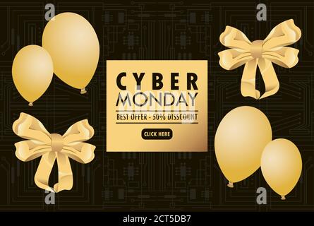 cyber monday holiday poster with golden balloons helium and ribbons bows in black background vector illustration design Stock Vector