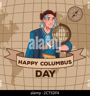 Columbus day celebration scene of christopher lifting world map ribbon frame vector illustration design Stock Vector