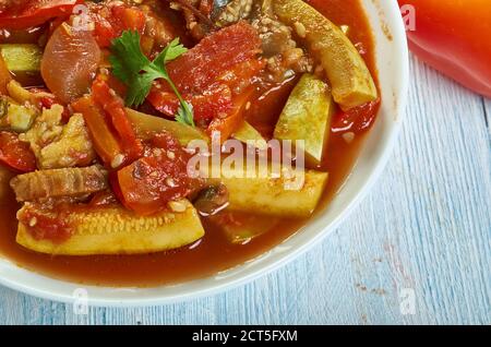 Cannazzo Baked Mediterranean vegetables, Sicilian cuisine, Traditional assorted Italy dishes, Top view. Stock Photo