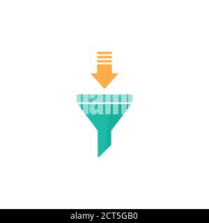 turquoise data filter with orange arrow. Flat data funnel icon. isolated on white background. Analytics info, tunnel information, flow exploration, ve Stock Vector