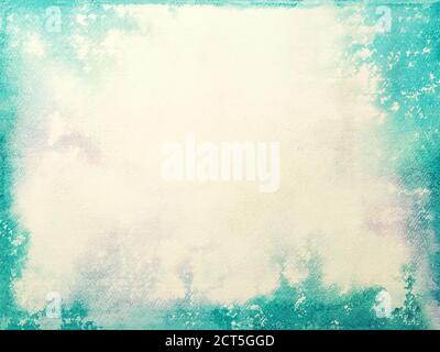 Texture of old beige paper, crumpled background. Vintage white grunge surface backdrop with turquoise and blue frame and border. Structure of craft re Stock Photo