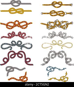set on chain straps braids and pendant jewelry print on fabric straps, clasps straps chain nautical knots and ropes 80s Opulence Stock Vector