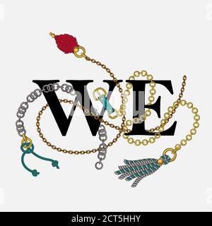belts, shoelaces, and chains wrap around the words Stock Vector