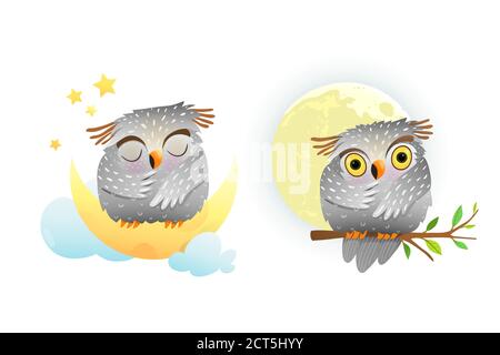 Baby animal owl sleeping and looking at moon sitting on the branch with stars in the sky. Cute clipart for small children. Stock Vector