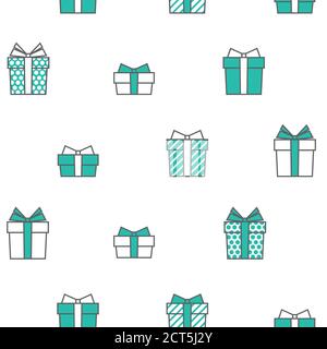 flat seamless pattern with gifts. turquoise present boxes with outline on white background. vector Illustration. holiday shopping wallpaper. good for Stock Vector