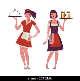 Beautiful young waitress with tray in her hand. Restaurant, food concept Stock Vector