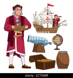 Columbus day celebration scene of christopher lifting paper map and set icons vector illustration design Stock Vector