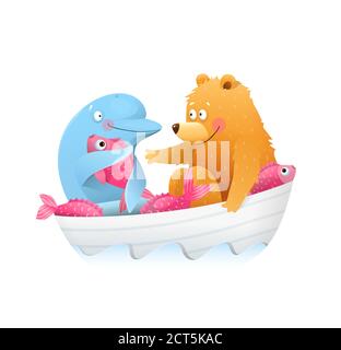 Bear and Dolphin Animal Friends Kids Cartoon Stock Vector