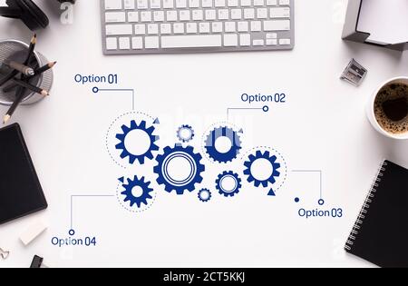 Scheme Of Working Gears Mechanism Over White Office Table Background Stock Photo