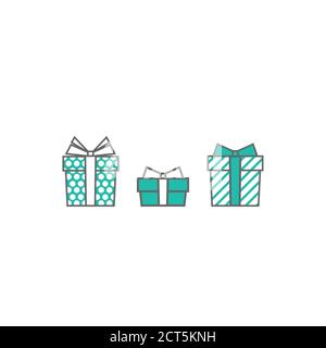 three turquoise and white present box with ribbon and bow. simple icon isolated on white background. present sign. flat vector Illustration. Stock Vector