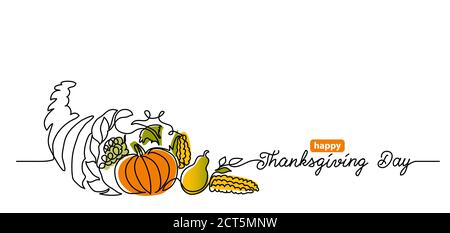 Thanksgiving Day line art background with horn of plenty, cornucopia and vegetables. Simple vector web banner. One continuous line drawing with Stock Vector