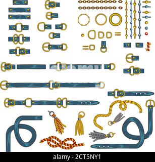set on chain straps braids and pendant jewelry print on fabric straps, clasps straps chain nautical knots and ropes 80s Opulence Stock Vector