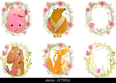 Cute animals in botanical frames illustrations set Stock Vector