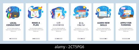 Small local business support. Mobile app onboarding screens, vector website banner template. Stock Vector