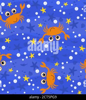 seamless pattern with cute baby crab cartoon illustration with bubbles and under the sea background. Design for baby and child. Can be tiled Stock Vector