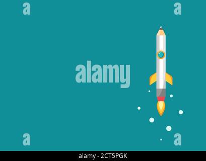 pencil rocket ship with fire. Isolated on powder blue. fantasy flat vector illustration with flying pencil. Creativity, imagination, ideas horizontal Stock Vector