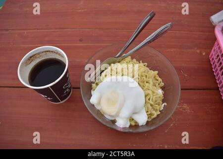 noodle and egg food with drinks coffee Stock Photo